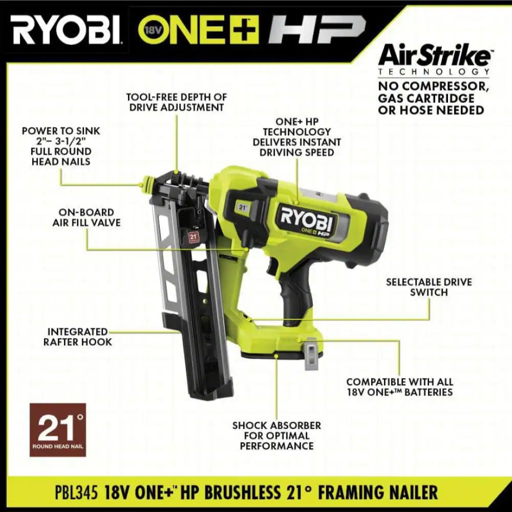 One + HP 18V Brushless Cordless Airstrike 21A,A Framing Nailer One + HP 18V Brushless Cordless Airstrike 21A,A Framing Nailer